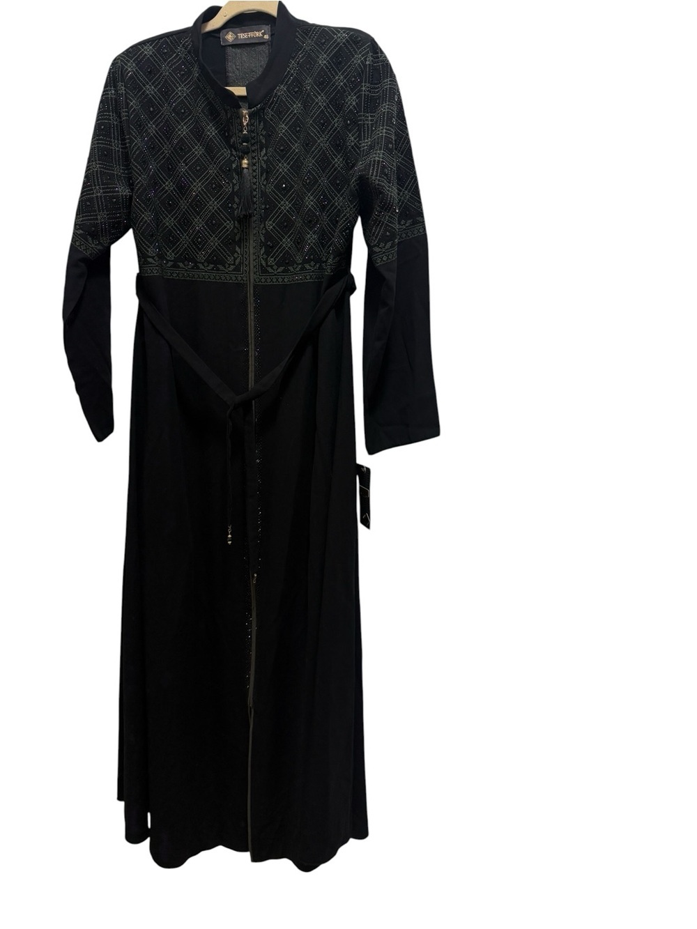 traditional Islamic garment abaya, Tisettire brand, black embellished maxi dress